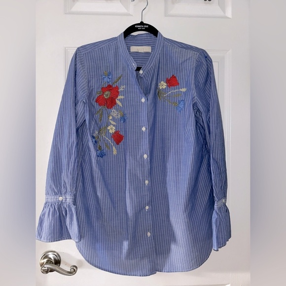 LOFT Tops - LOFT Blue Striped Embroidered Button Down Blouse with Ruffle Sleeves Medium